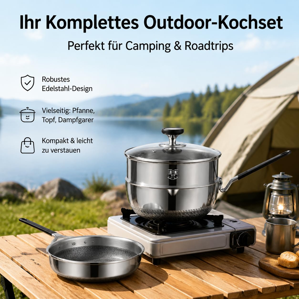 Camping Kochgeschirr Set, Topfset für Campingkocher, stapelbar, poliertes Material, Dämpfeinsatz, hitzebeständige Griffe, Campinggeschirr, Outdoor-Kochgeschirr-Set mit 2