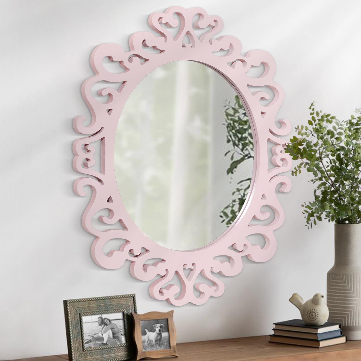 AOAOPQ Espejos rosados para pared pequeña, ovalados, vintage, decoración de espejo de pared, regalos para mujeres, madres, espejos decorativos con marco de madera rústica, espejos decorativos para