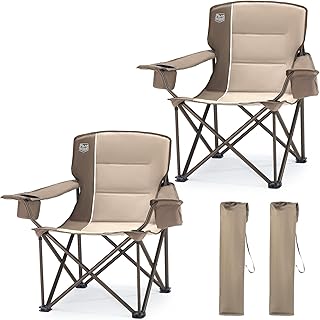 TIMBER RIDGE Oversized Folding Camping Chair for Adults, Support 550 LBS Heavy Duty with Cup Holder Side Pocket for Camp, Lawn, Picnic, Tan, 2 Pack