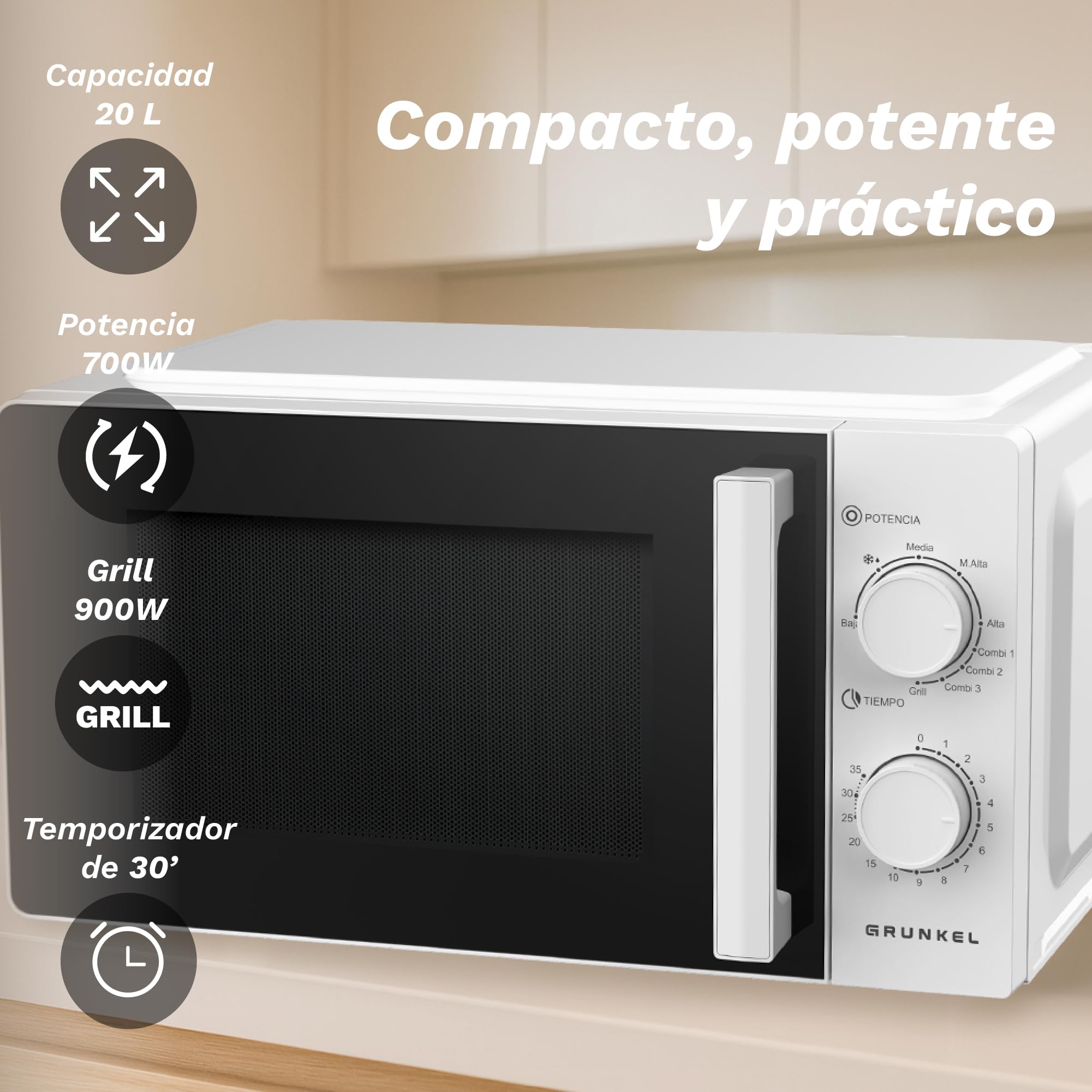 Kuchenka mikrofalowa z grillem, 20-25 litrów, 700 W + 900 W lub 850 W +1000 W, 5 poziomów mocy, 3 tryby kombinowane, timer 30 min (700-900 W 20 litrów)