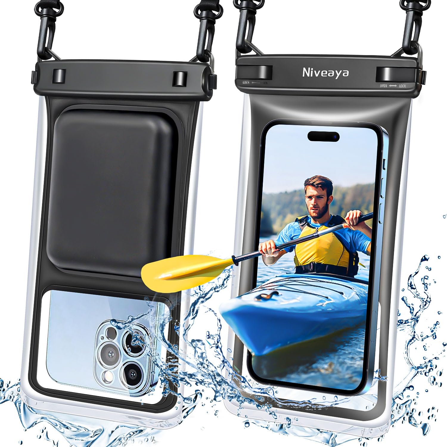 Niveaya Floating Waterproof Phone Pouch - 2 Pack Waterproof Dry Bag Case-Up to 8.5", Waterproof Phone Case with Adjustable Lanyard, Vacation Beach
