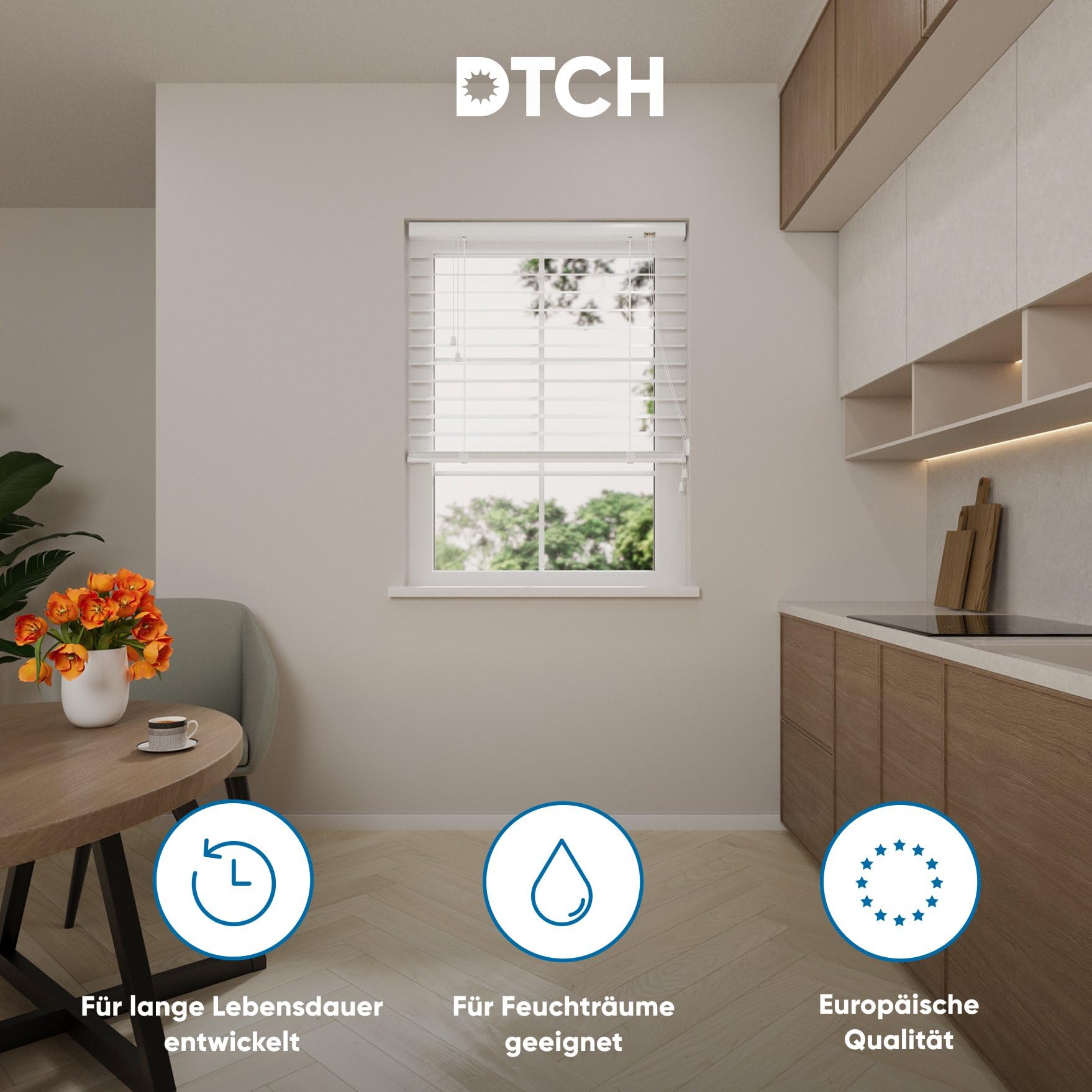 DTCH® Aluminium Jalousie innen, weiß, 110 x 180 cm | 50mm Lamellen, feuchtigkeitsbeständig, mattes Aluminium, Sicht- und Sonnenschutz, Lichtregulierung, Breiten bis 240 cm