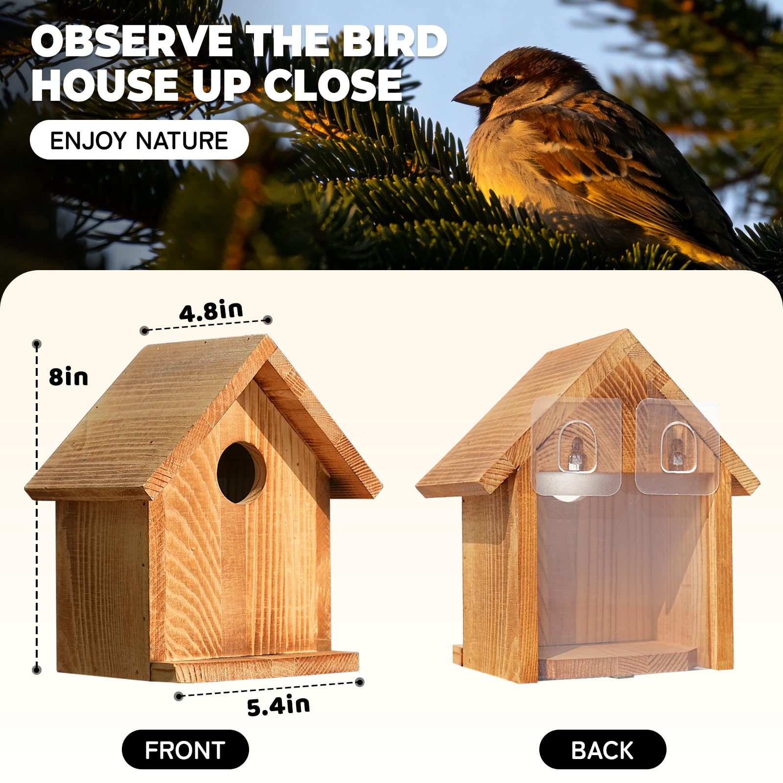 Casas para pájaros con Ventana para Exteriores con 2 Ganchos potentes, casa de pájaros Transparente para Ver el Interior, Casas de pájaros de Madera para Pintar al Aire Libre, Caja de anidación de