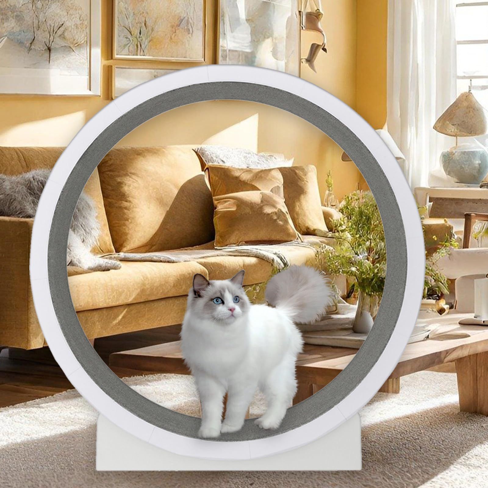 Rueda de Ejercicio para gatos de 47 Pulgadas, Rueda grande para Correr para gatos de Interior con Rueda silenciosa y Alfombra Desmontable, Adecuada para la mayoría de los gatos, Color Blanco