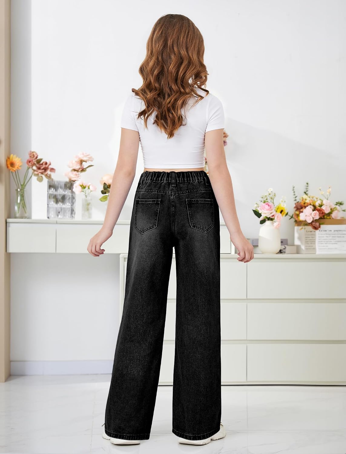 Girls Baggy Jeans Wide Leg Washed Denim Pants with Pockets 7-14Y image 4