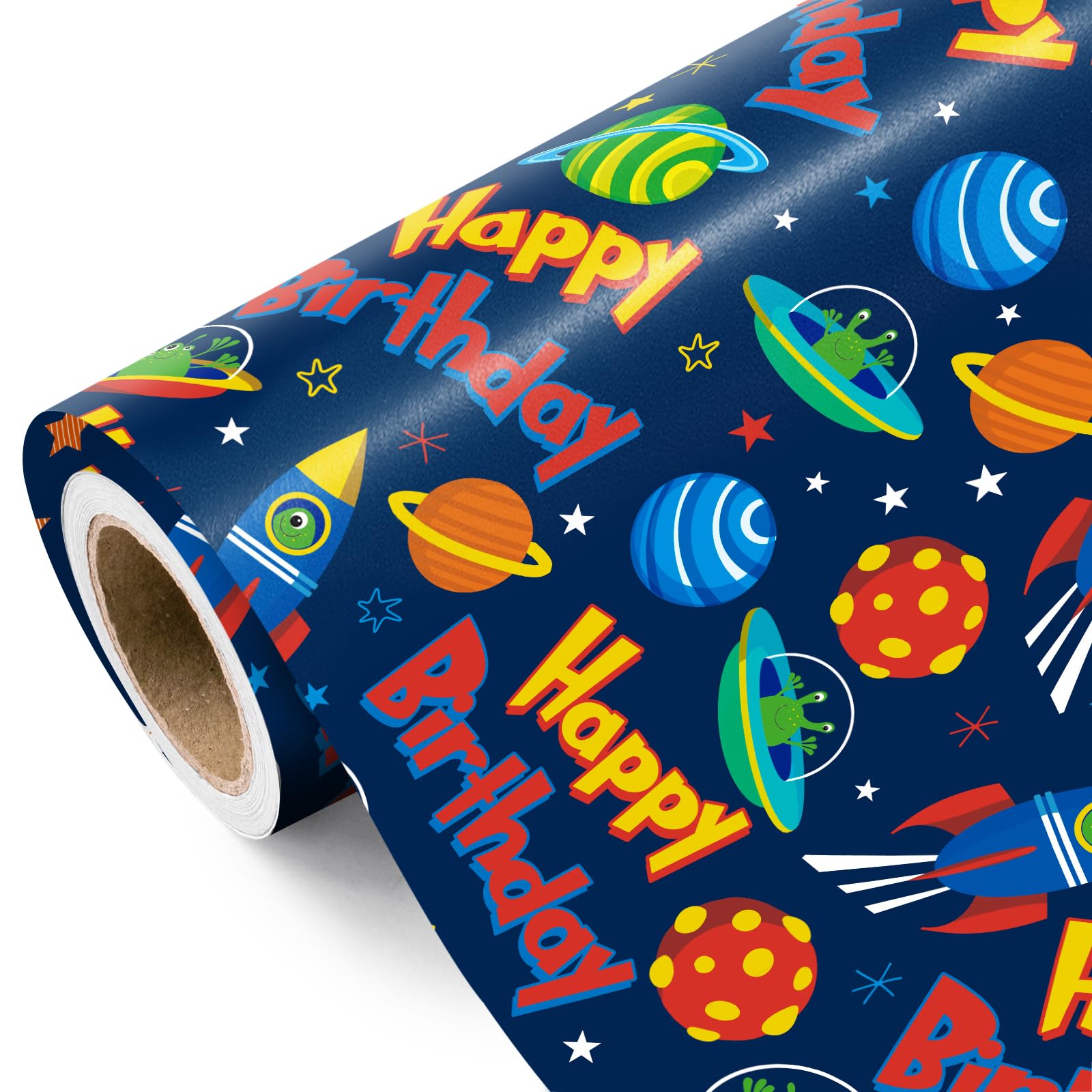 RUSPEPA Reversible Space Birthday Wrapping Paper Roll - Mini Roll - 43.2cm x 5m - Rocket and Star Design, Perfect for Kids Girls Boys, Space Lovers — image 1