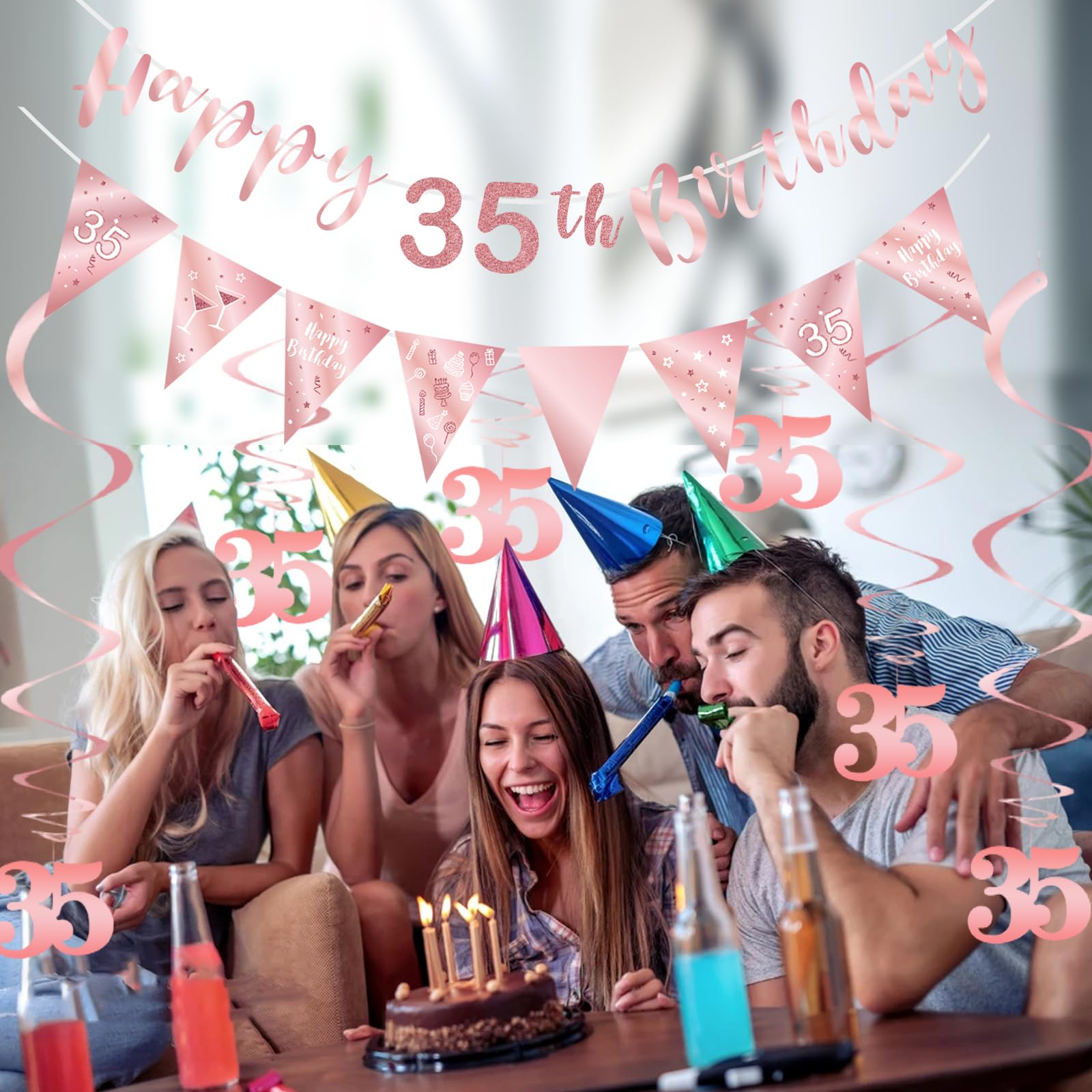 BRT 35. Geburtstag Dekorations-Set – Mit Banner, Wimpelkette & Luftschlangen In Roségold