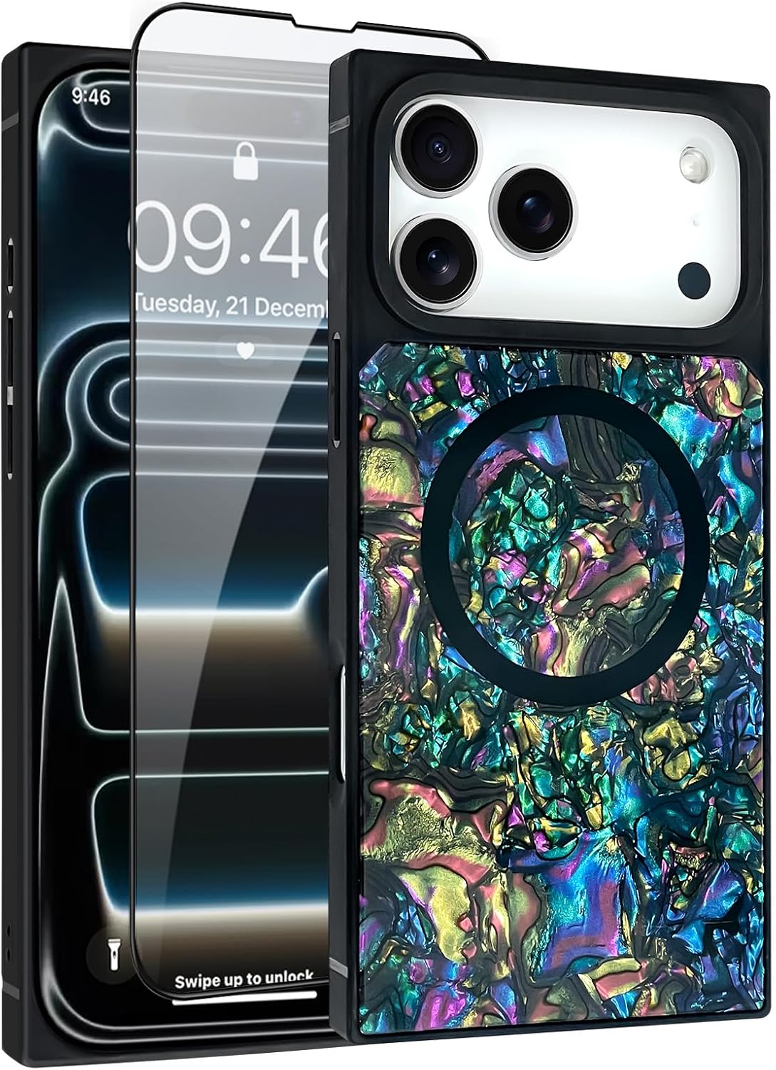 AIGOMARA Magnetic Rectangle for iPhone 17 Pro Max Case, Compatible with Magsafe Luxury Sparkle Opalescent Pearl for Women Girls Glossy Glitter Protective Phone Case with Screen Protector, Abalone - Image 2