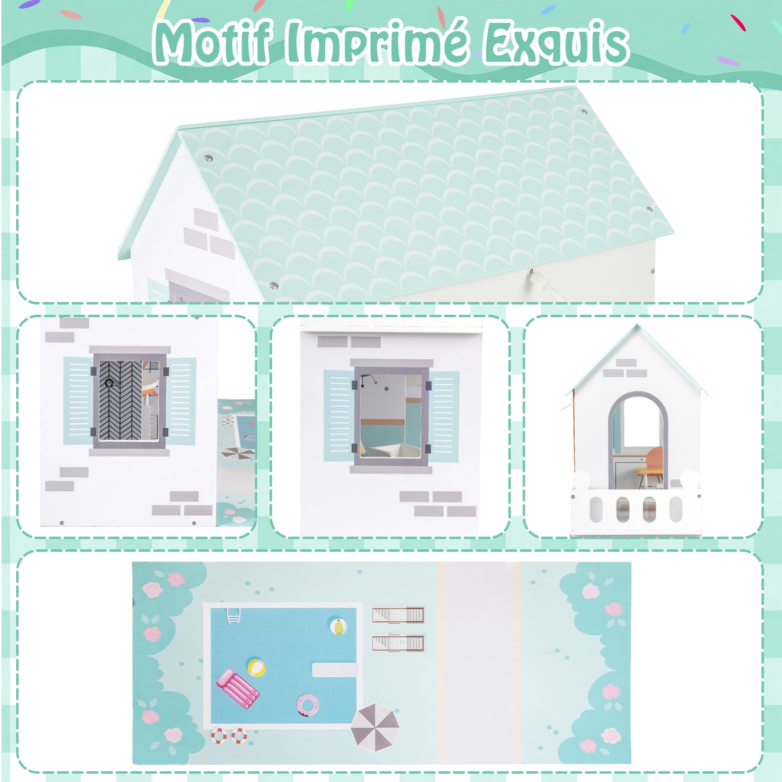 COSTWAY Maison de Poupée en Bois à 3 Étages avec 5 Pièces et 17 Meubles, Maison de Rêve avec Ascenseur, Autocollants Princesses, Jeu d’Imitation Playhouse pour Enfants de 3 Ans+ (Vert)