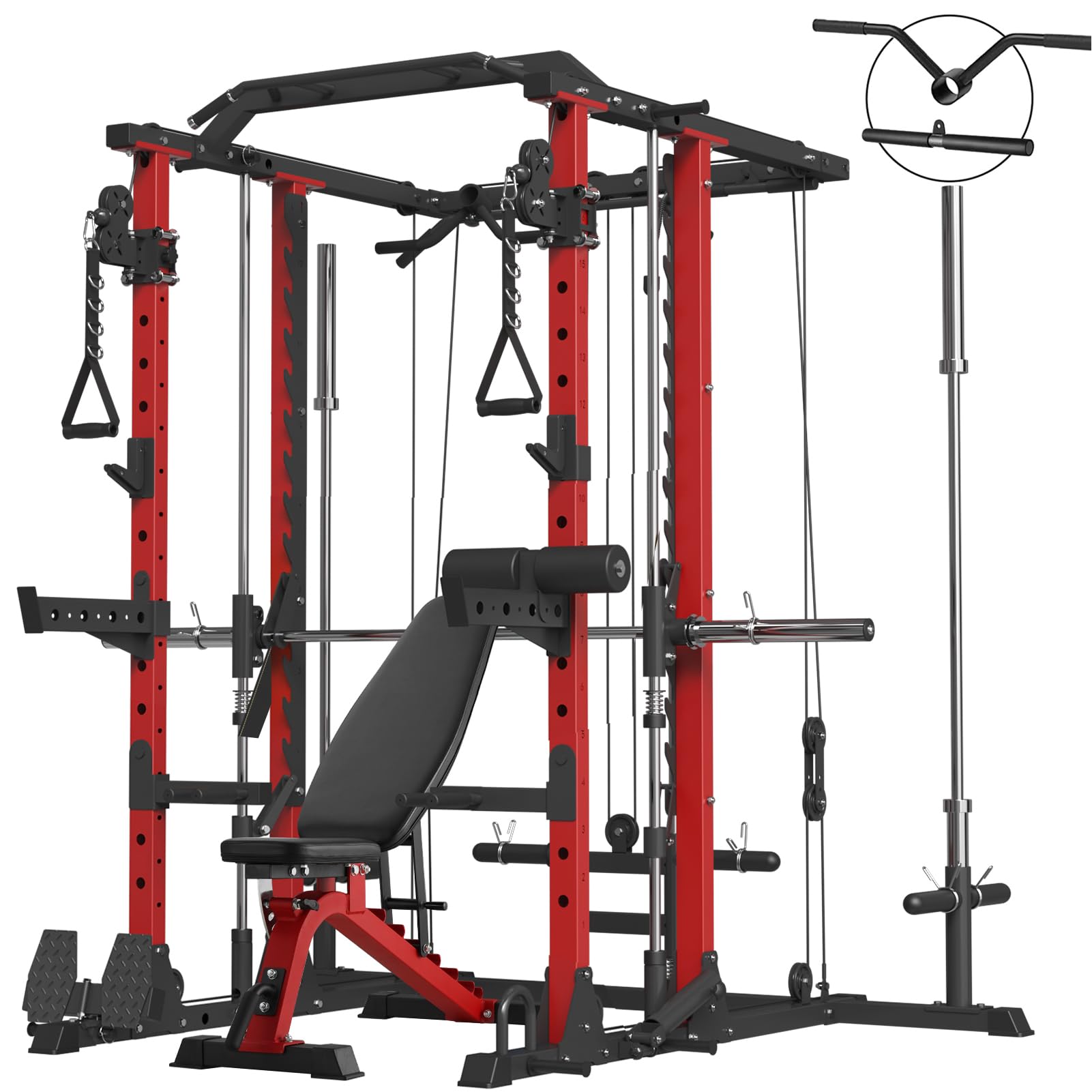Morinome Smith Machine, 2000LBS Strength Training Cage with Cable Crossover System, Multi-Function Linear Bearing Workout Machine with Weight Bench for Home Gym