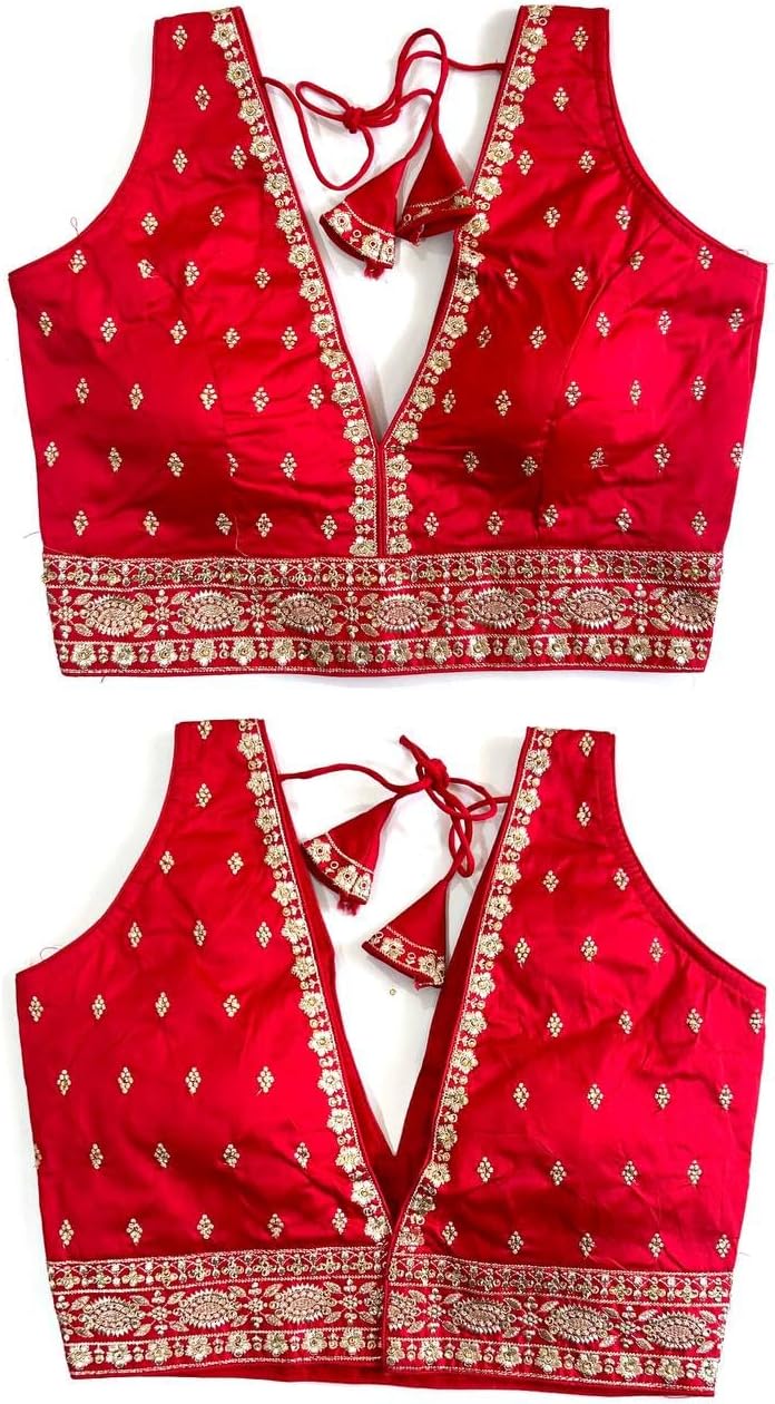 Women's Silk Deep V Cut Neck Embroidery Work with Handwork Sleeveless Readymade Blouse (38" Stitched and Upto 42" Margin)