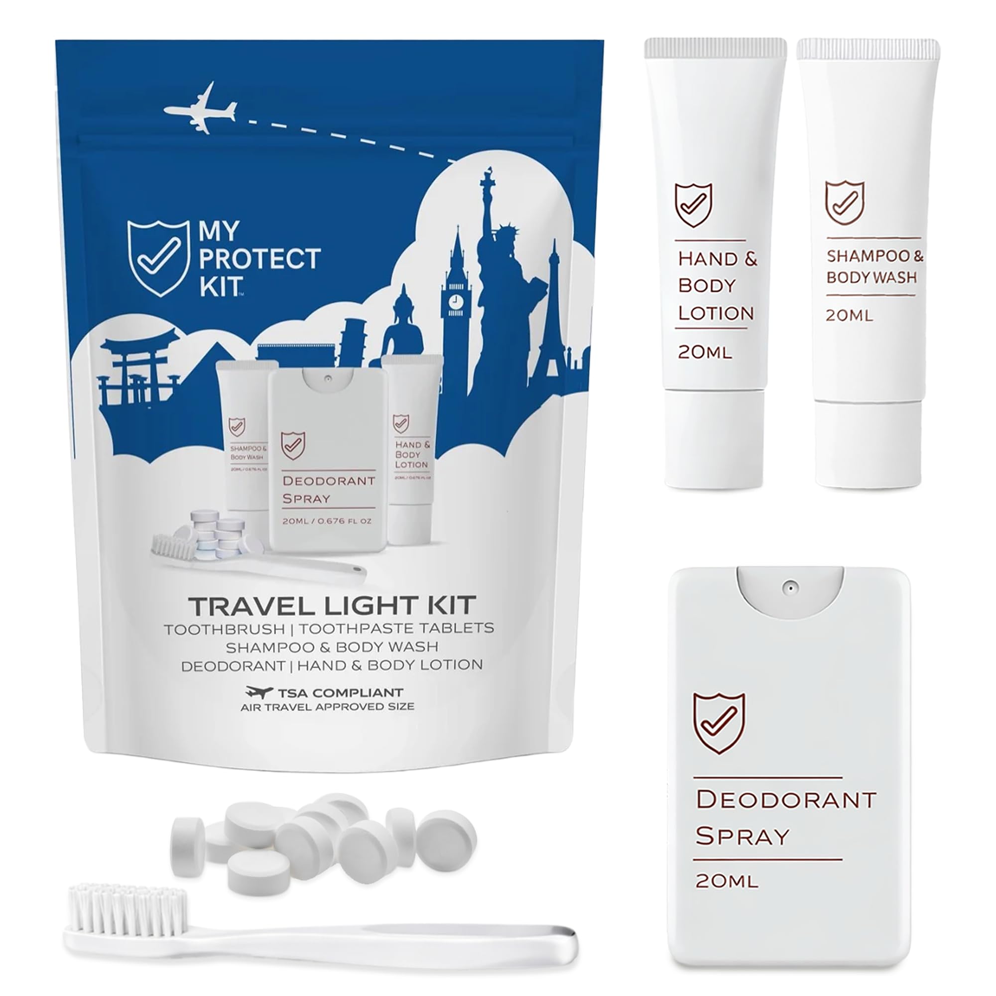 MY PROTECT KIT Travel Light Kit – Travel Essentials with Toothbrush, Toothpaste Tablets, Shampoo & Body Wash, Lotion & Deodorant Spray, Travel Size