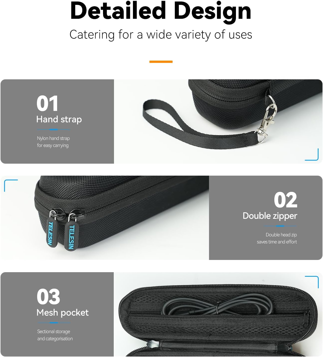 TELESIN Small Case for DJI Pocket 3, Mini Size Lens Case Portable Carry Cases with Hand Strap Double Zipper Full Protector for Osmo Pocket 3 Accessories - Image 6