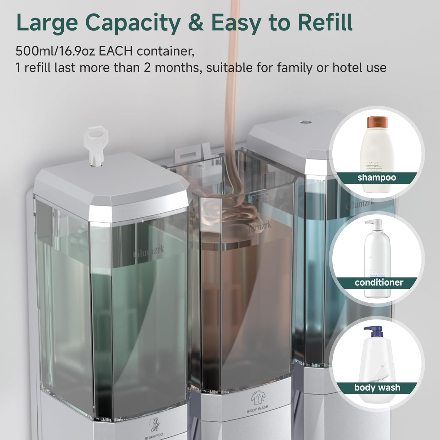 Shampoo and Conditioner Dispenser 3 Chamber No Drill Shower Soap Dispenser Wall Mounted Shampoo Conditioner Body Wash Dispenser 3 * 500ml Refillable Shower Dispenser for Bathroom Hotel, Silver