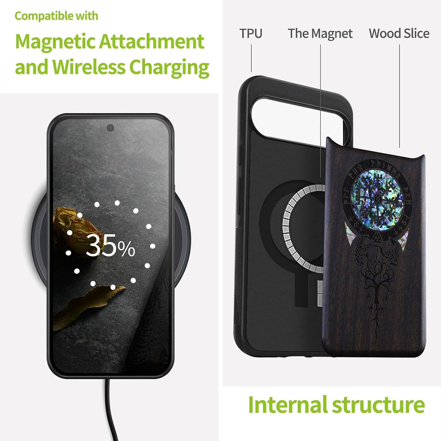 Carveit Magnetic Wooden Case for Google Pixel 9 Case, Wood Artisan Engraved & Handmade Shell Inlaid, Compatible with MagSafe Wireless Chargers, Viking Symbol - Blackwood