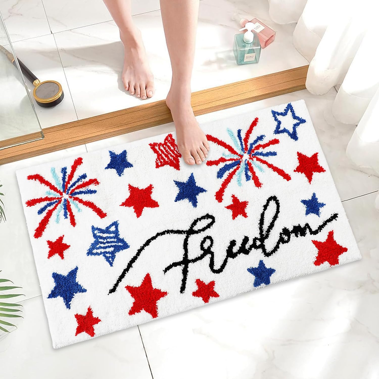 JarThenaAMCS Patriotic Bathroom Rug Absorbent Freedom Star Tufted Bath Mat Non Slip Rectangle 4th of July Shower Rug Front Door Mat for Independence Day Home Room Entrance