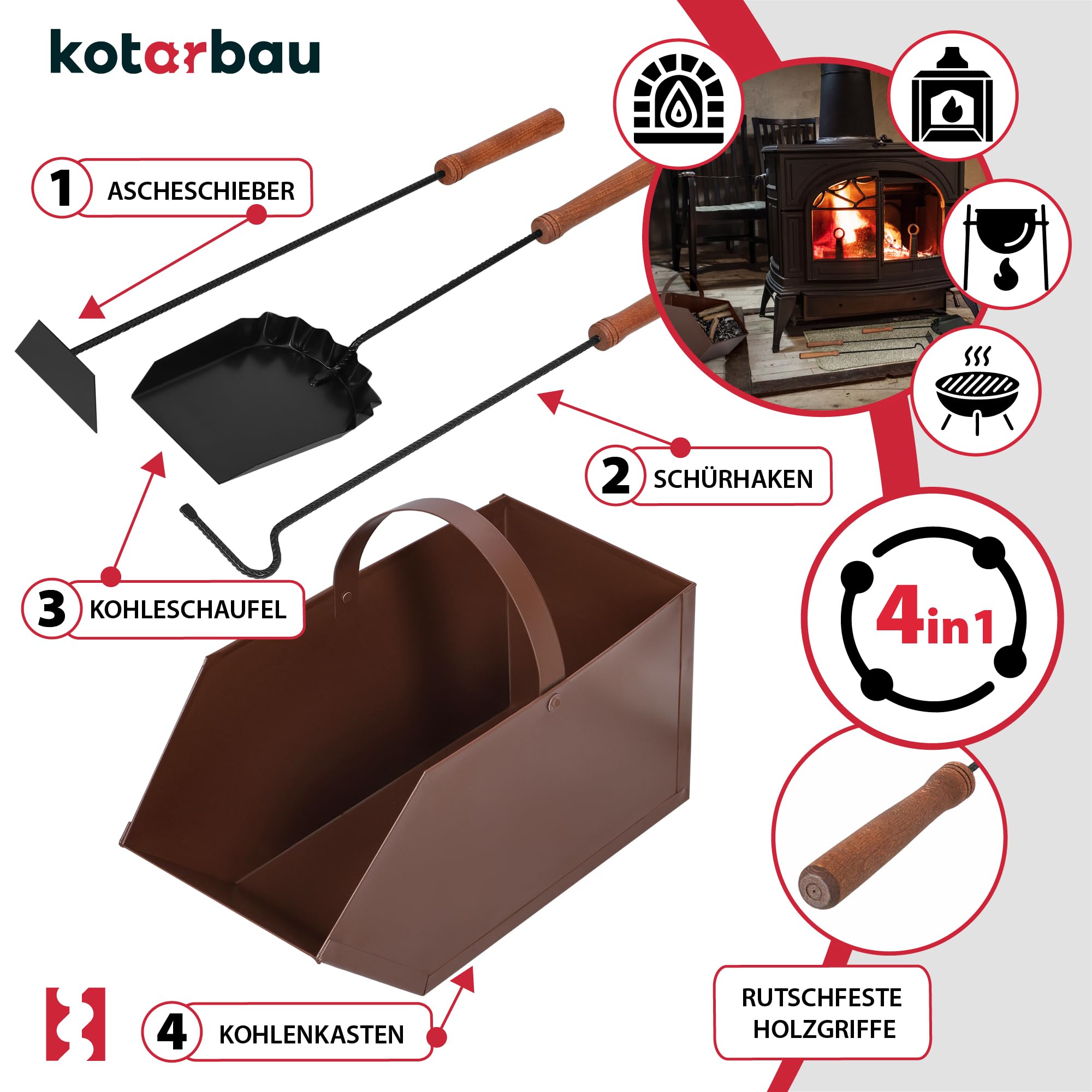 KOTARBAU® Kaminbesteck 4er Set mit Ascheeimer Schürhaken Besen Schaufel mit Holzgriff Kamingarnitur Ofenbesteck Kaminzubehör Pulverbeschichtetes Metall Braun und Schwarz