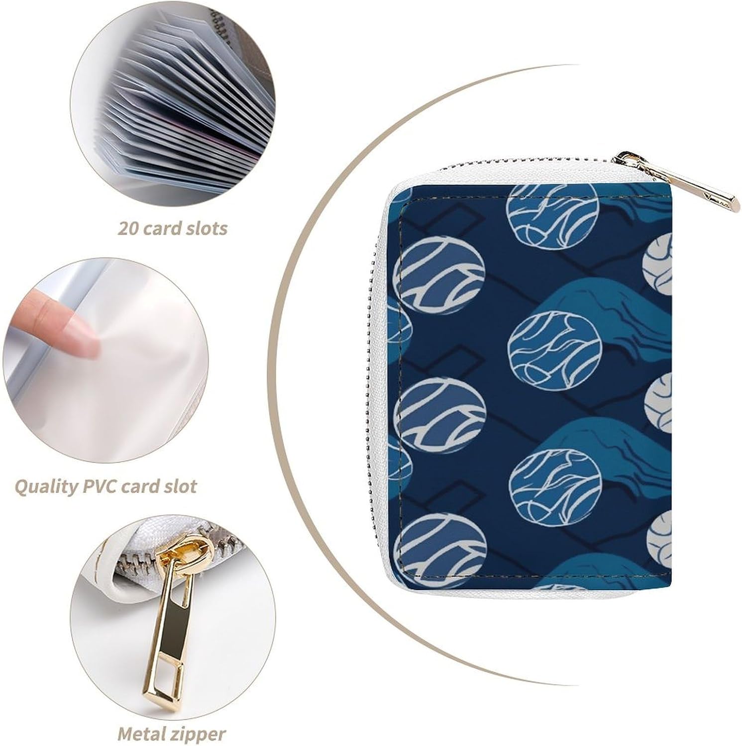 Blue Volleyball Card Holder RFID Blocking,Credit Card Wallet for Women And Men,Card Case Organizer Bag with Zipper