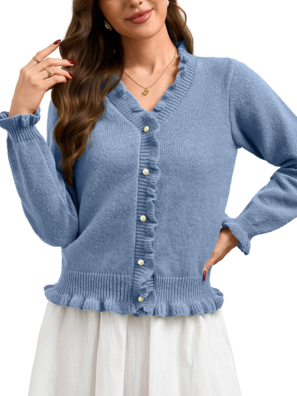 Womens Trendy Ribbed Knit Cardigan Sweater, Pearl Button V Neck Ruffle Long Sleeve, Fall Winter Casual Outfits Work