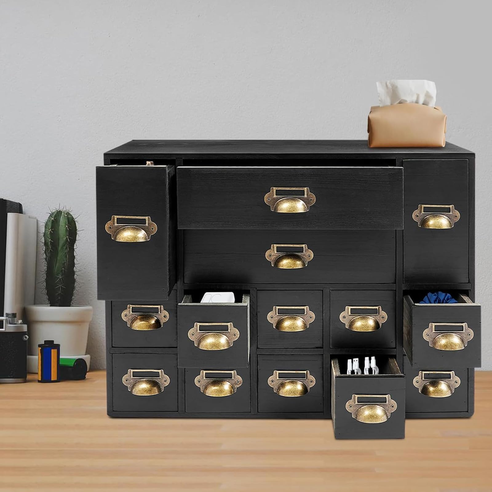 oiakus 14 Drawer Desk Organizer, Wooden Drawer Organizer, with 14 Drawers Tabletop Apothecary Chests And Cabinets, Library Card Catalog Cabinet Herb Storage Box