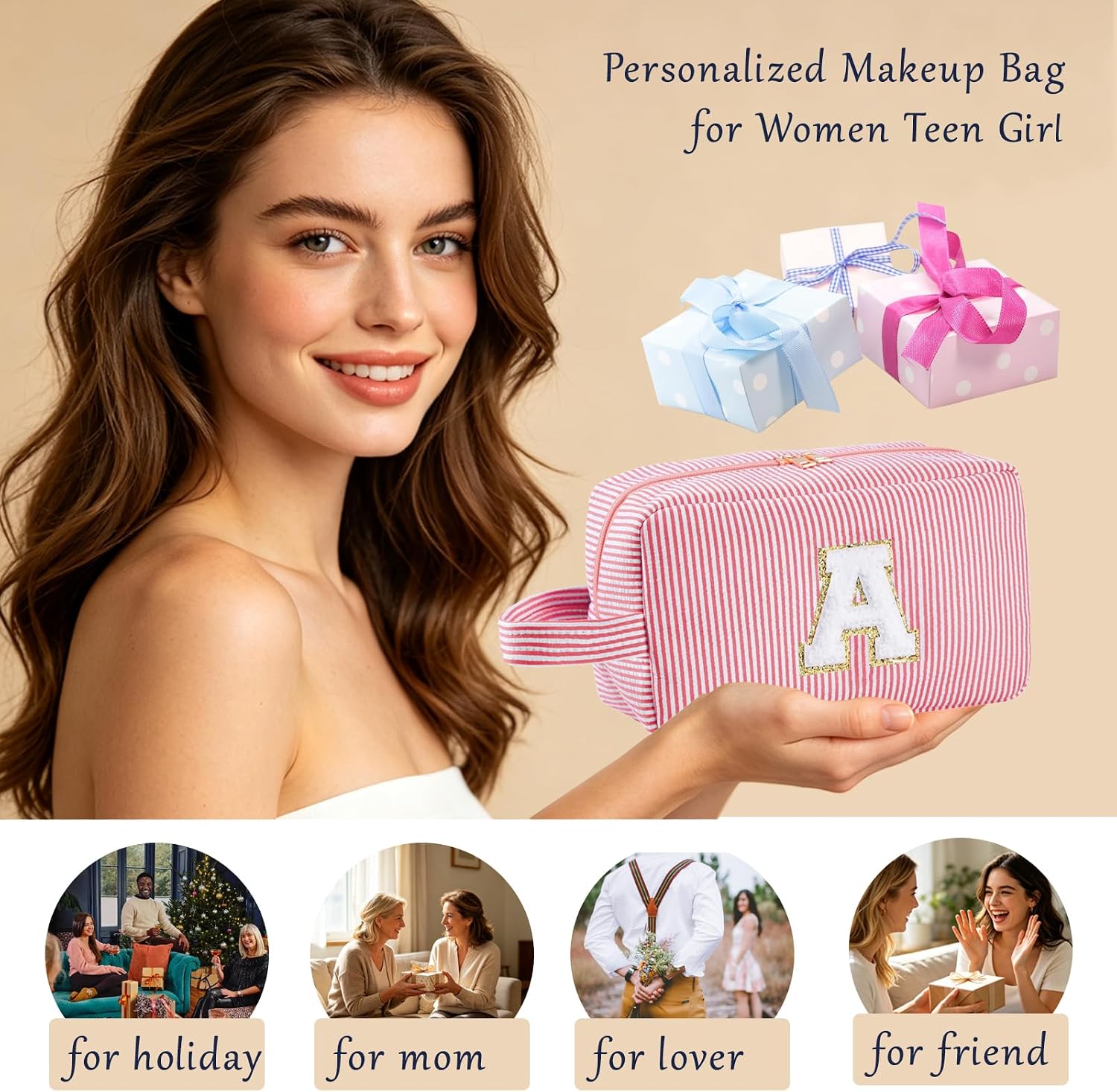 Personalized Initial Makeup Bag A-Z for Women Girls Kids-Pink, P image 2