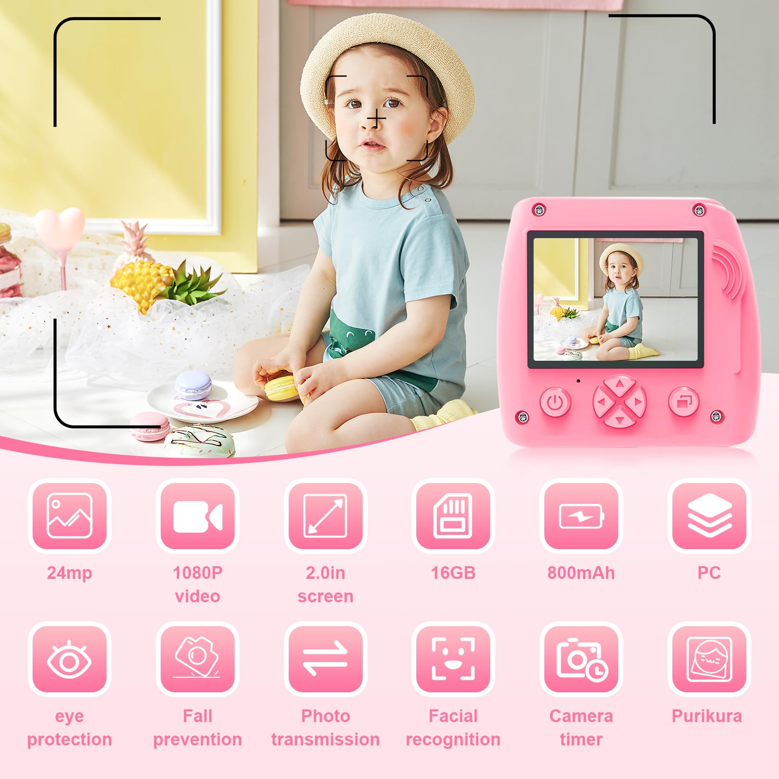 Macchina Fotografica Bambini, Display HD TFT da 2,0" 1080P, Macchina Fotografica Bambino per il Regalo di Compleanno dei Bambini, con Scheda da 32 GB(Rosa)