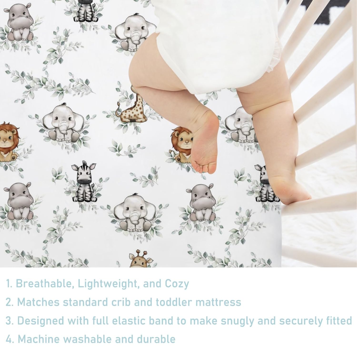 Baby Jungle Safari Animals Boho Leaves Crib Fitted Sheet 52''x28'' Lion Hippo Elephant Giraffe Zebra Snug Fitted Crib Mattress Cover for Boy Girl Nursery Bed Sheets for Standard Toddler Mattress