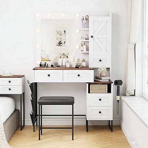 Miniatura 7 de NUNU LAB Tocador de maquillaje con espejo y luces, mesa de tocador blanca con estación de carga, tocador de maquillaje con gabinetes RGB y 7 2-043