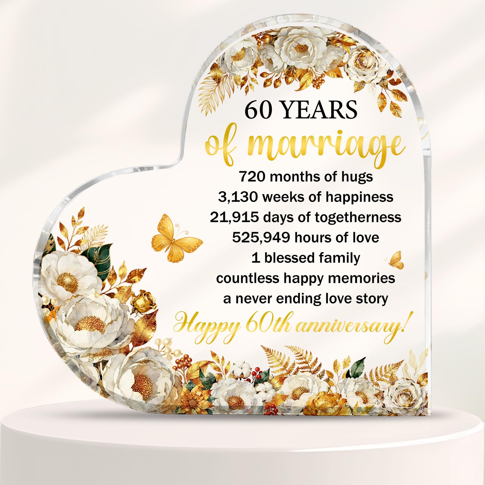 60th Wedding Anniversary Plaque Gifts Diamond Anniversary Present 10cm x10cm 60th Acrylic Heart Keepsake for Wife Husband Parents