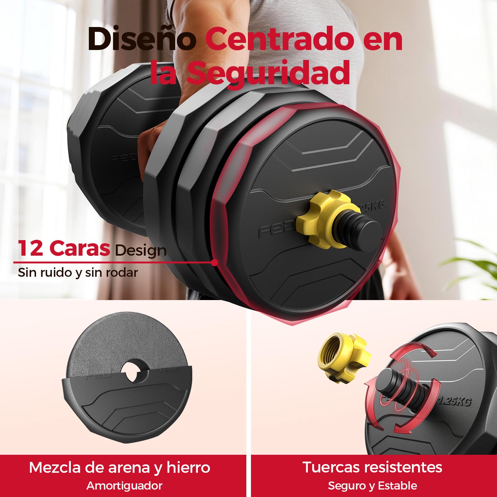 FEIERDUN 20/25/30/40KG Juego de Pesas y Mancuernas Ajustables, Kit Pesas 5 en 1 con Barra, Pesas Rusas y Soportes Para Flexiones, Equipo de Entrenamiento Progresivo para Toda la Familia