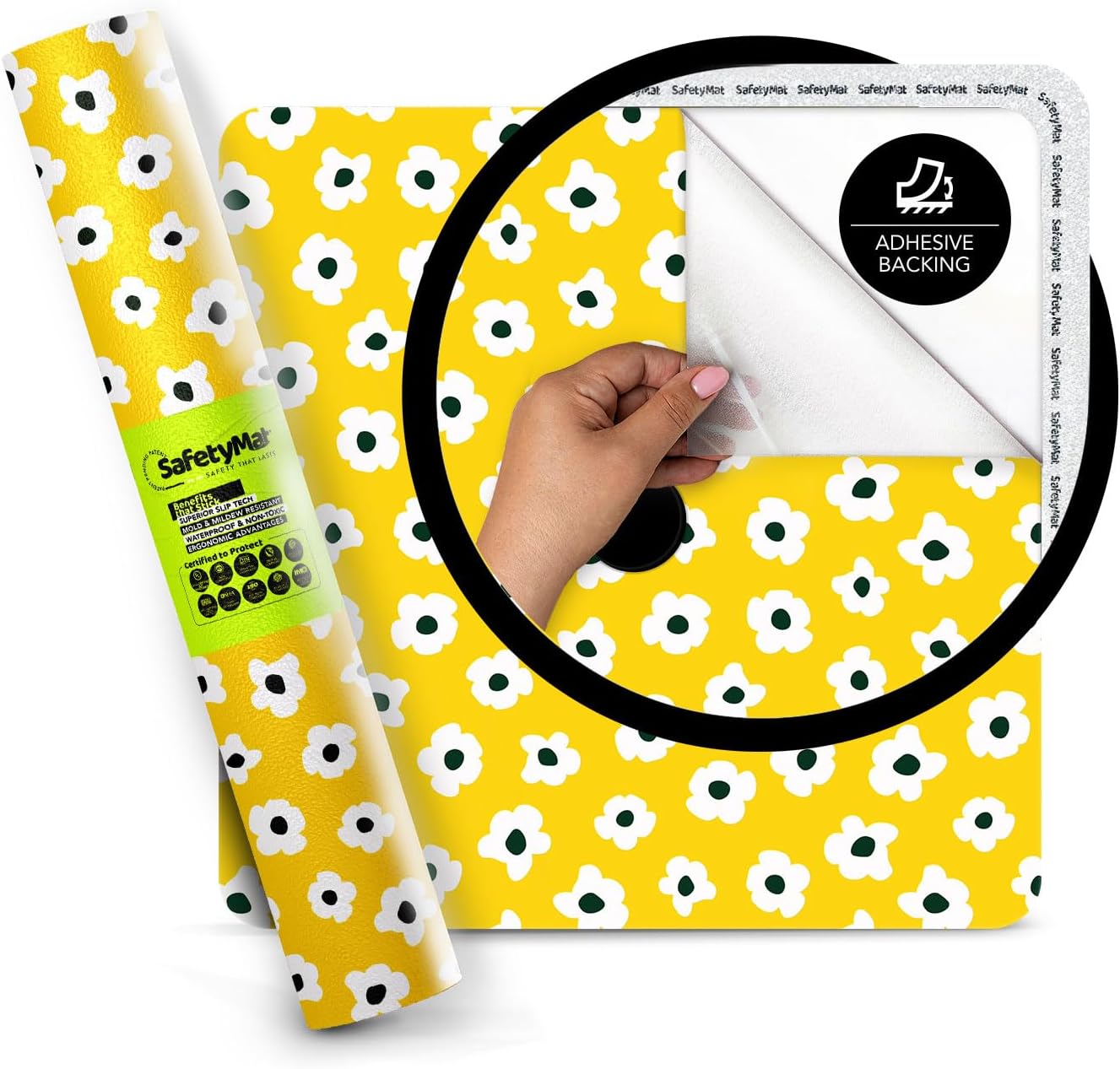 SafetyMat® 34x34 Shower Non Slip Mat | Yellow Daisy Pattern Design | Peel and Stick, Ultra Thin, and Waterproof for Essential Safety