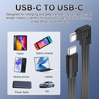 Right Angle Type C 2.0 Flat Data Cable 1FT 90 Degree USB C to C Short Cable Flexible Type C Male to Male Cord Support Charging and Data Transfer,for Car,Phone,Laptop (Right Angle USB C)