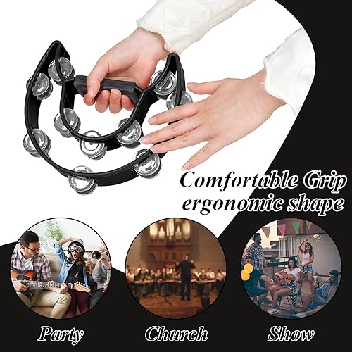 Miniatura 5 de Pandereta de doble fila de metal Jingles de media luna, instrumentos musicales Tamborinas para adultos, percusión de mano para fiestas, iglesia