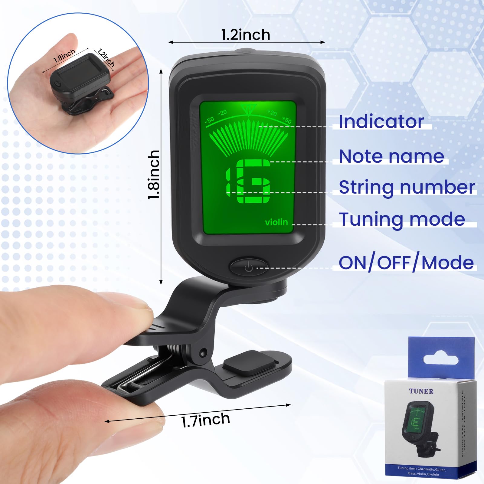 Boao 20 afinadores de guitarra, afinador de clip con modos cromáticos, pantalla LCD transparente electrónica digital, rotación de 360 grados para guitarra acústica/eléctrica, ukelele, bajo, violín