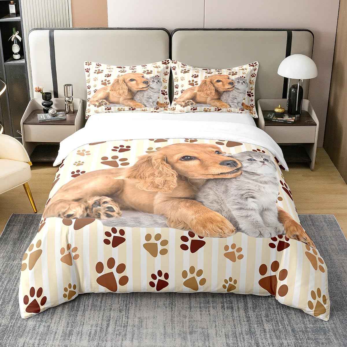 Housse de Couette Chat et Chien 100% Coton Homemissing 220x240cm