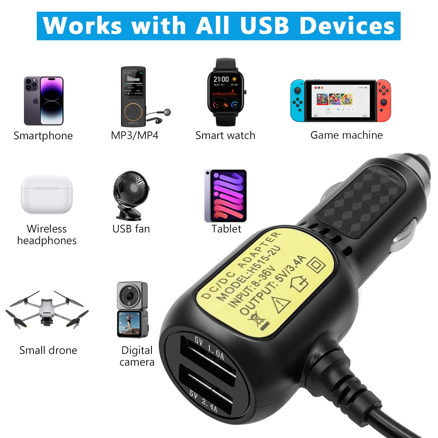 Cavo Di Alimentazione Per Dash Cam Con Mini USB E Doppia Porta USB – Lunghezza 3,5m, Caricabatterie Da Auto Con LED Blu, Compatibile Con DVR E GPS - 2