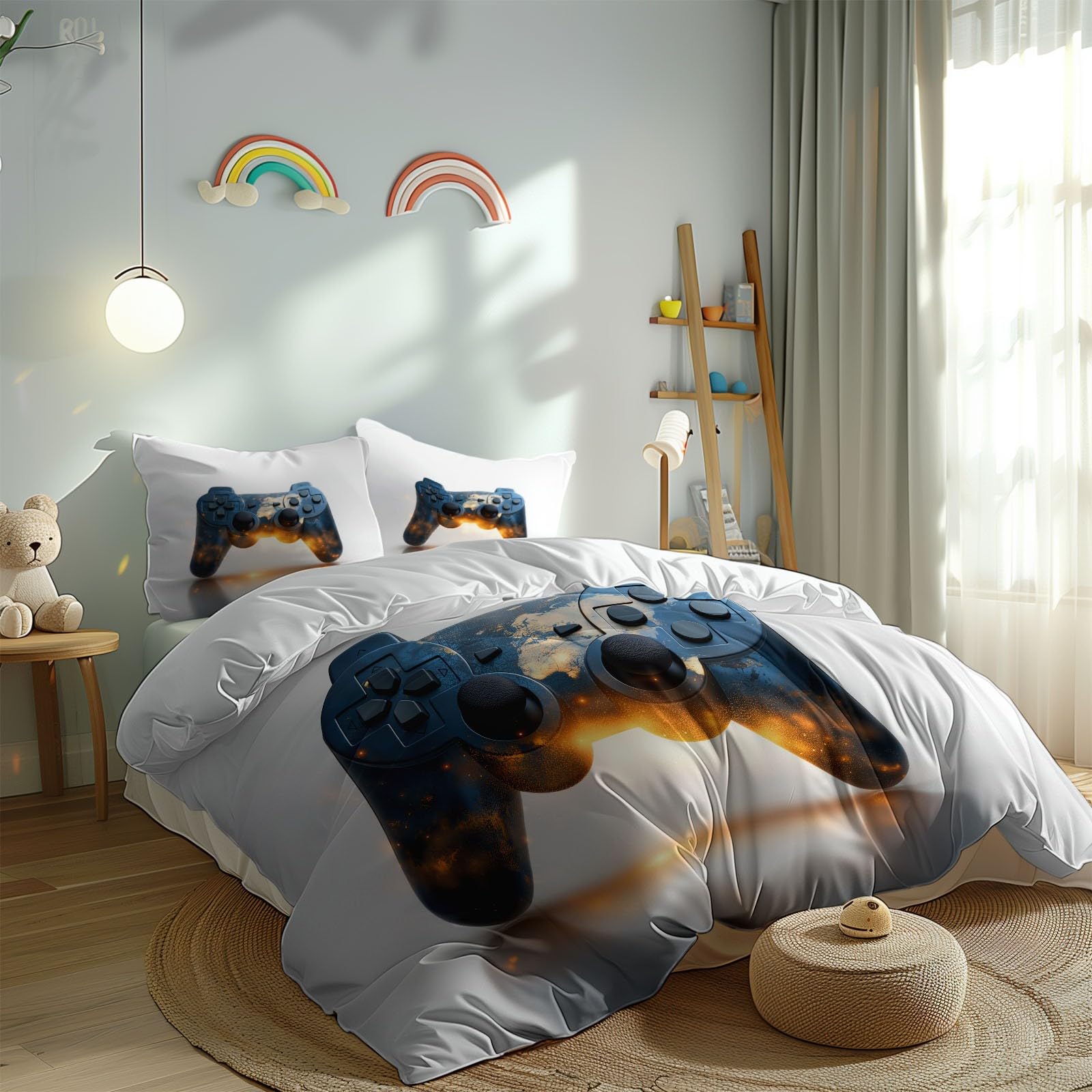 Juego de cama infantil con mando de 260 x 240 cm, funda nórdica ligera sin pliegues, de dibujos animados 3D, ligera, sin pliegues, juego de cama con mando para adolescentes y 2 fundas de almohada