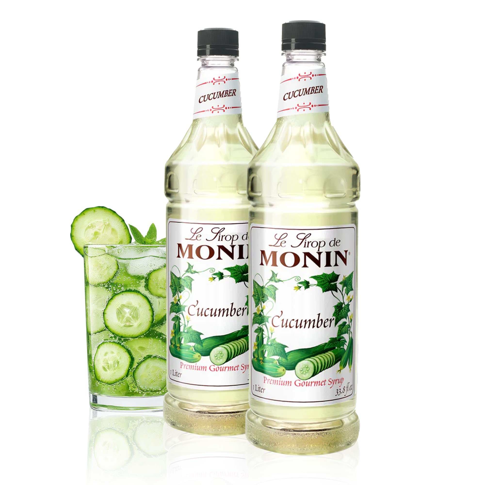 Monin - Cucumber Syrup, Refreshing Sweetness, Natural Flavors, Great for Mocktails, Cocktails, Lemonades, Teas, and Sodas, Non-GMO, Gluten-Free (1 Liter, 2-Pack)
