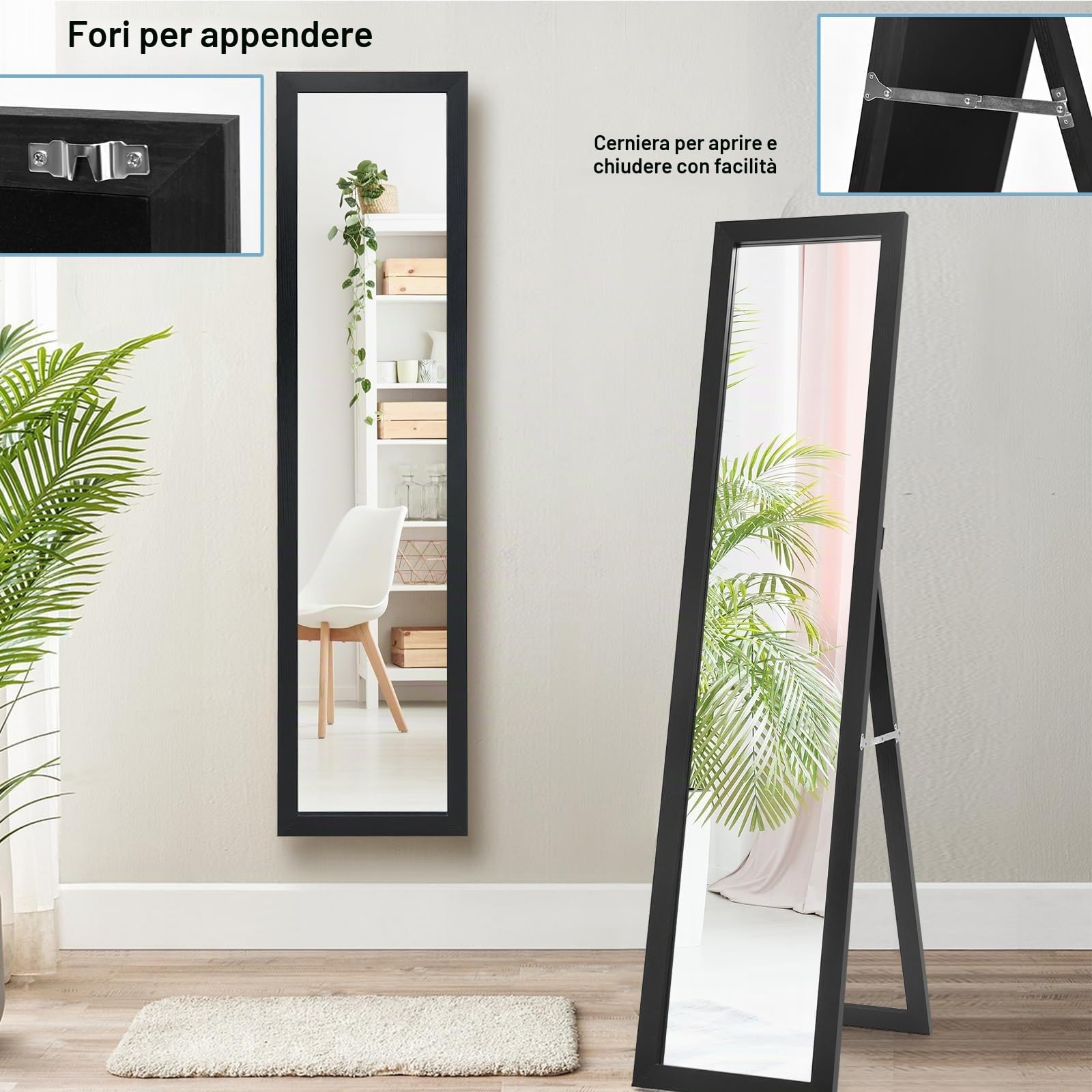 LIFEZEAL 2 in 1 Specchio da Parete, da Terra Lungo, Specchio da Pavimento Ingresso Senza Carda Specchiera Rettangolare, 155x37cm per Soggiorno, Camera da letto, Bagno, Moderno, Elegante (nero)