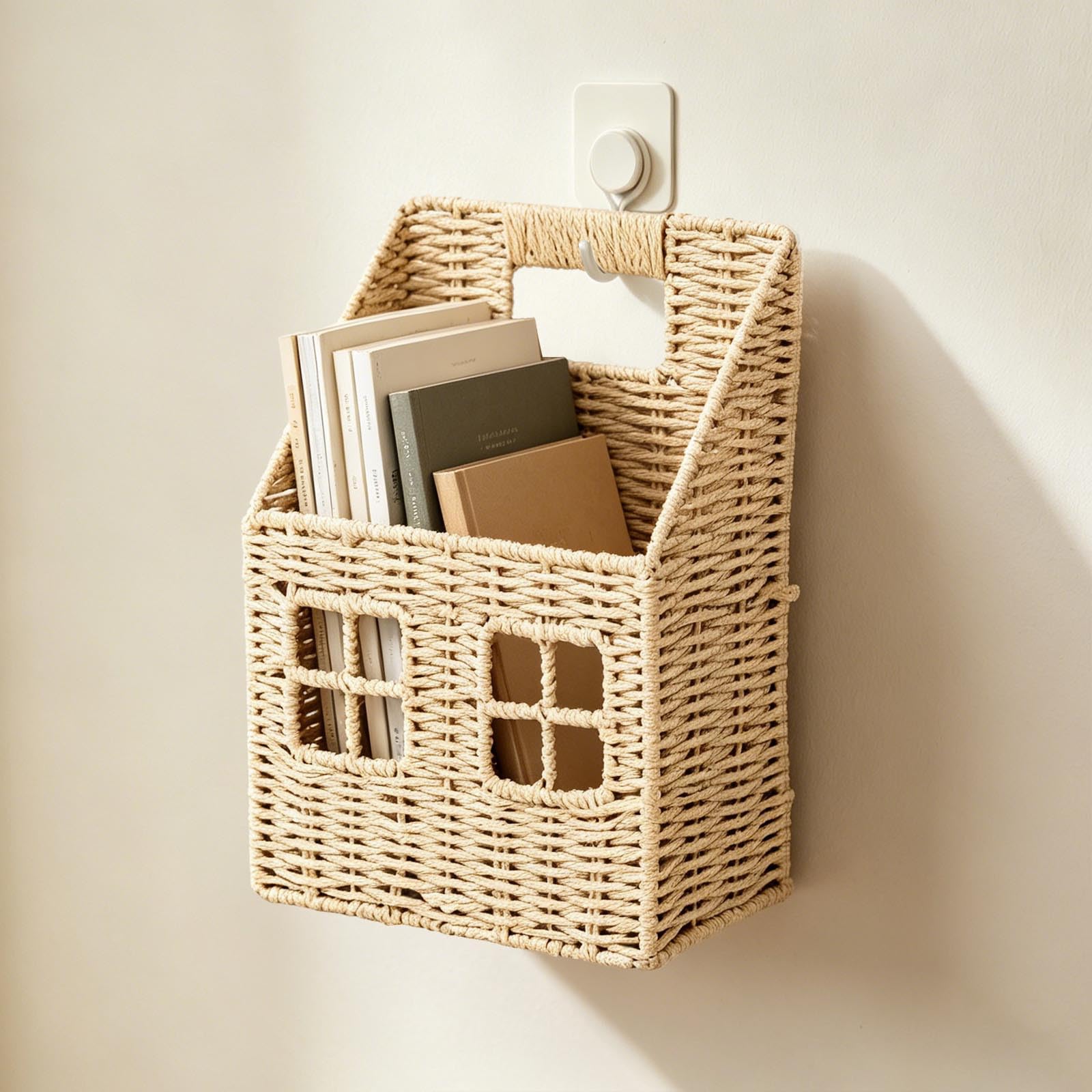 Cesta de pared tejida, versátil organizador de pared tejido a mano, cesta colgante de fibra decorativa, soporte de juguetes para cocina, sala de estar, dormitorio, jardín, oficina (2)