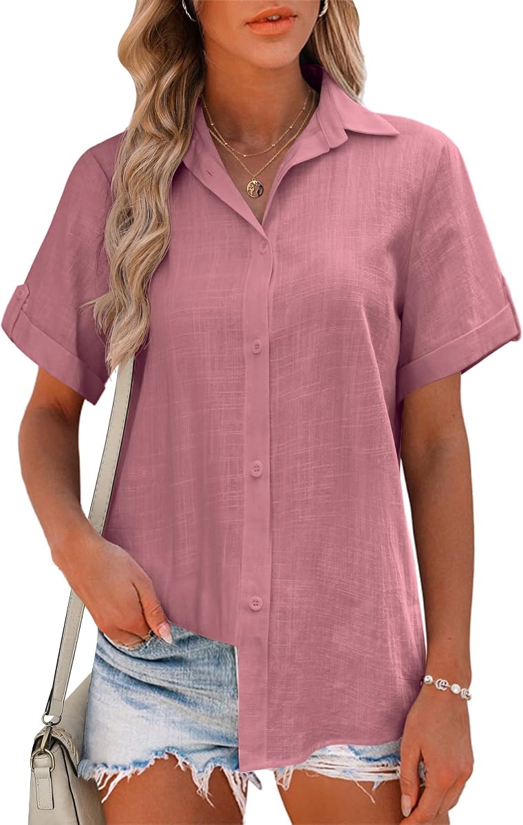 HOTOUCH Women Summer Button Down Shirt Short Sleeve Cotton Blouses Button Up Tops Beach Vacation Outfits