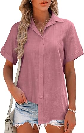 HOTOUCH Women Summer Button Down Shirt Short Sleeve Cotton Blouses Button Up Tops Beach Vacation Outfits