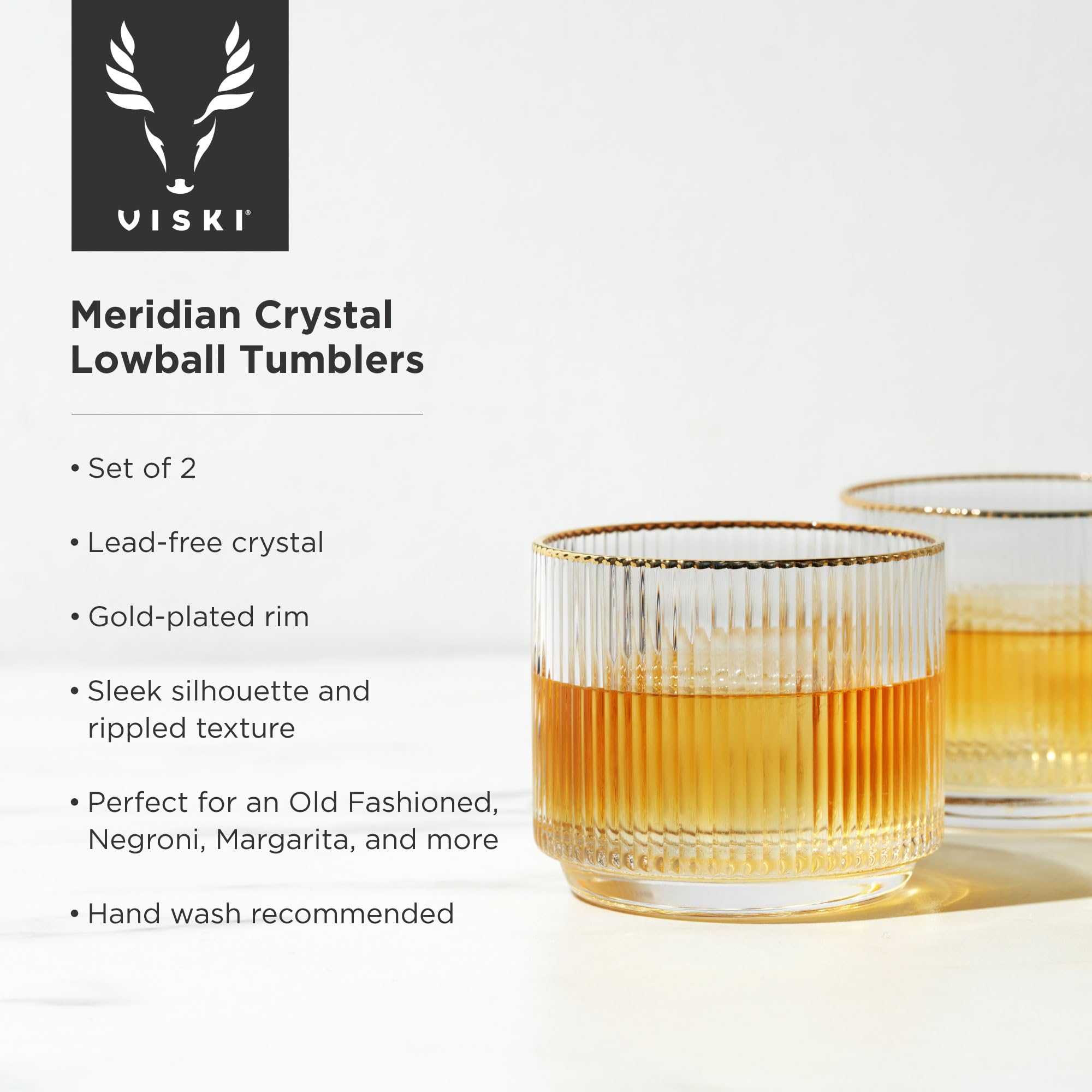 Viski Meridian Lot de 2 verres Lowball en cristal, verres à whisky Art déco, verres à scotch en cristal, verres à l'ancienne, verres côtelés, 355 ml