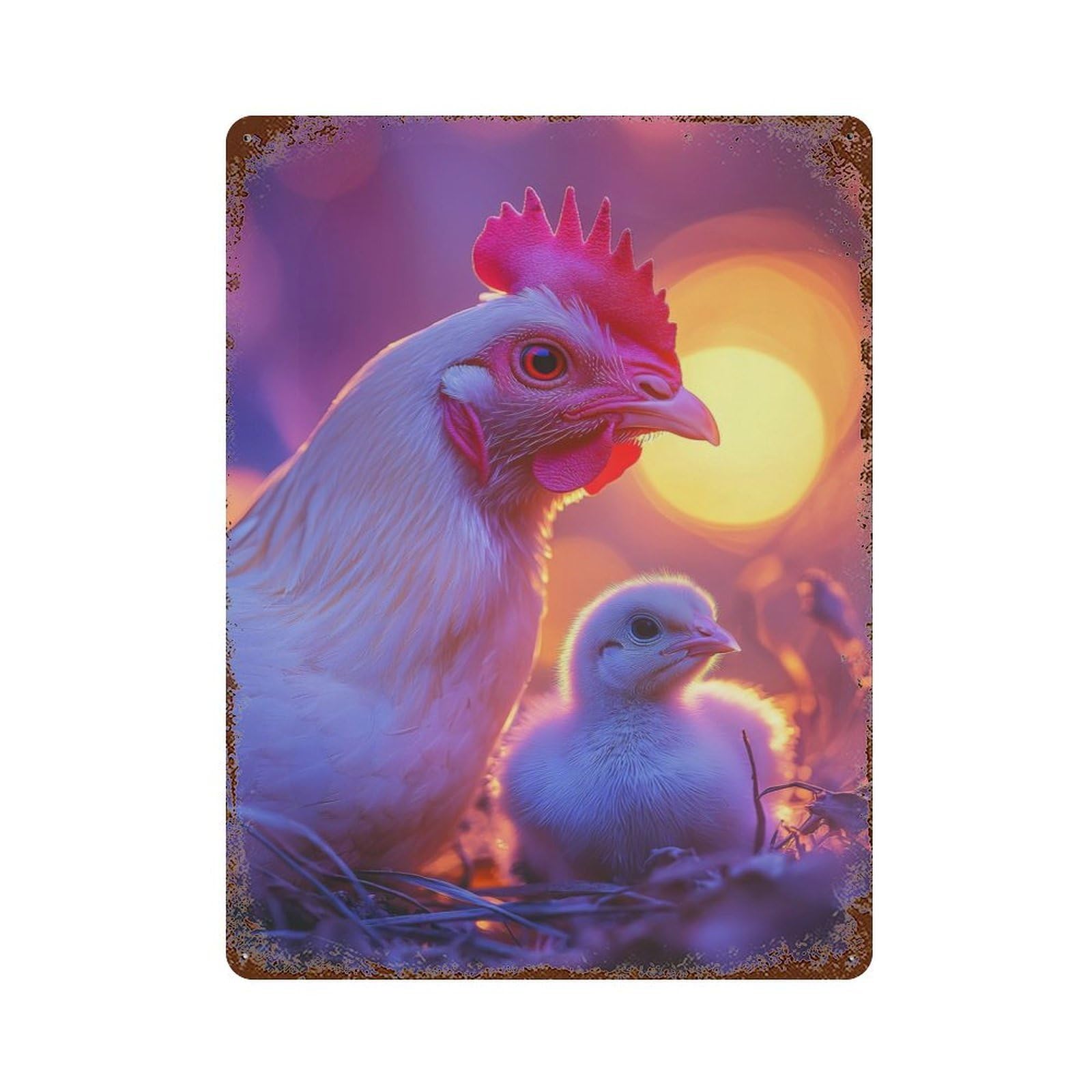Hen And Chick at Sunset Decorative Tin Sign 15.7"x11.8", Ideal for Garage, Bar And Workshop Decor