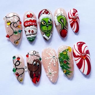 30Pcs Christmas Press on Nails Medium Almond Fake Nails with Colorful Rhinestones Light Strip Xmas Tree Cartoon Design Cute Holiday Stick on Nails 3D Handmade Christmas False Nails for Women Grils DIY