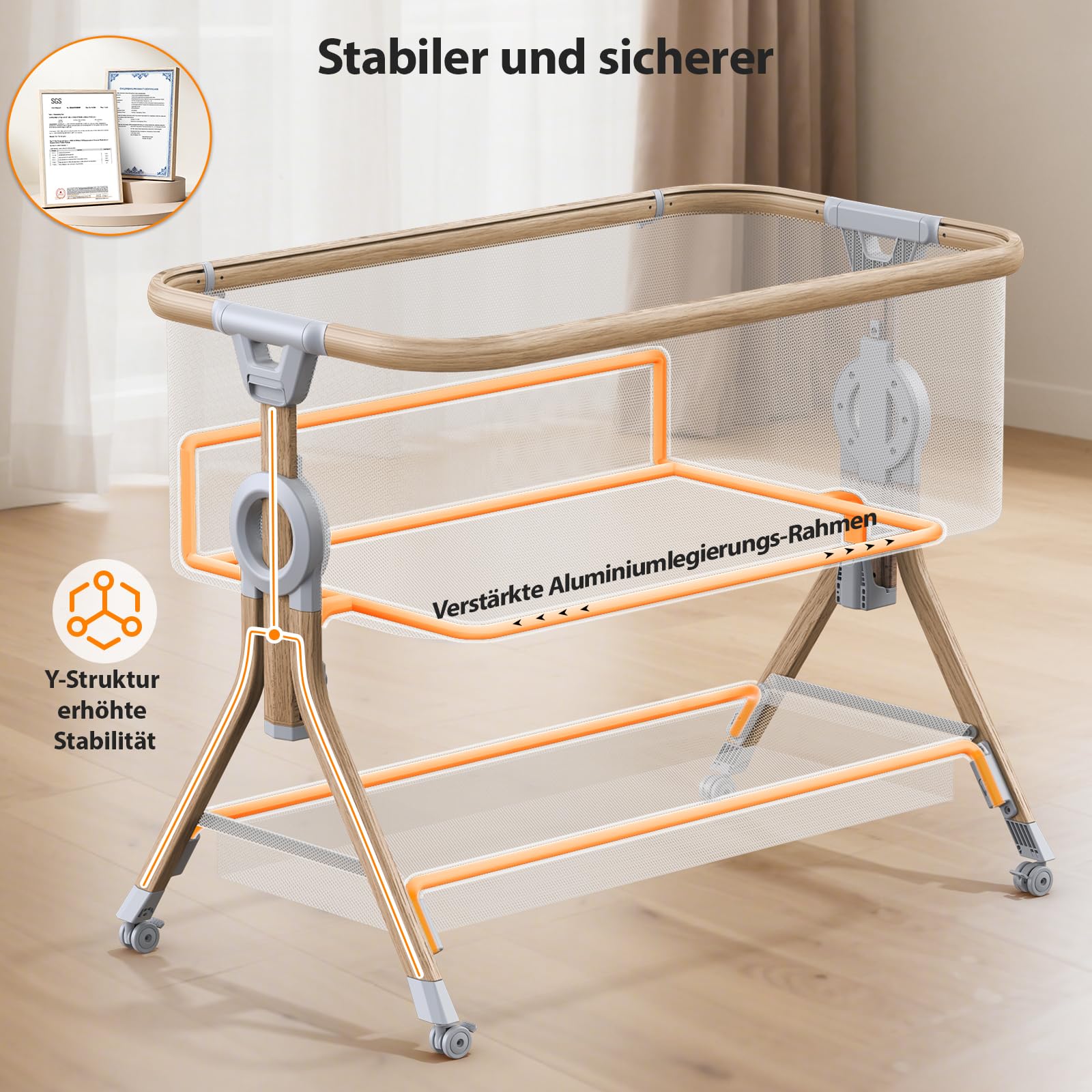 Larex Beistellbett Baby,3 in 1 Babybett mit Moskitonetz,Aufbewahrungstasche & Korb,5-stufig Höhenverstellbares Babybett,4 Räder mit Bremse,atmungsfreundliche Matratze & Mesh (Dunkelgrau)