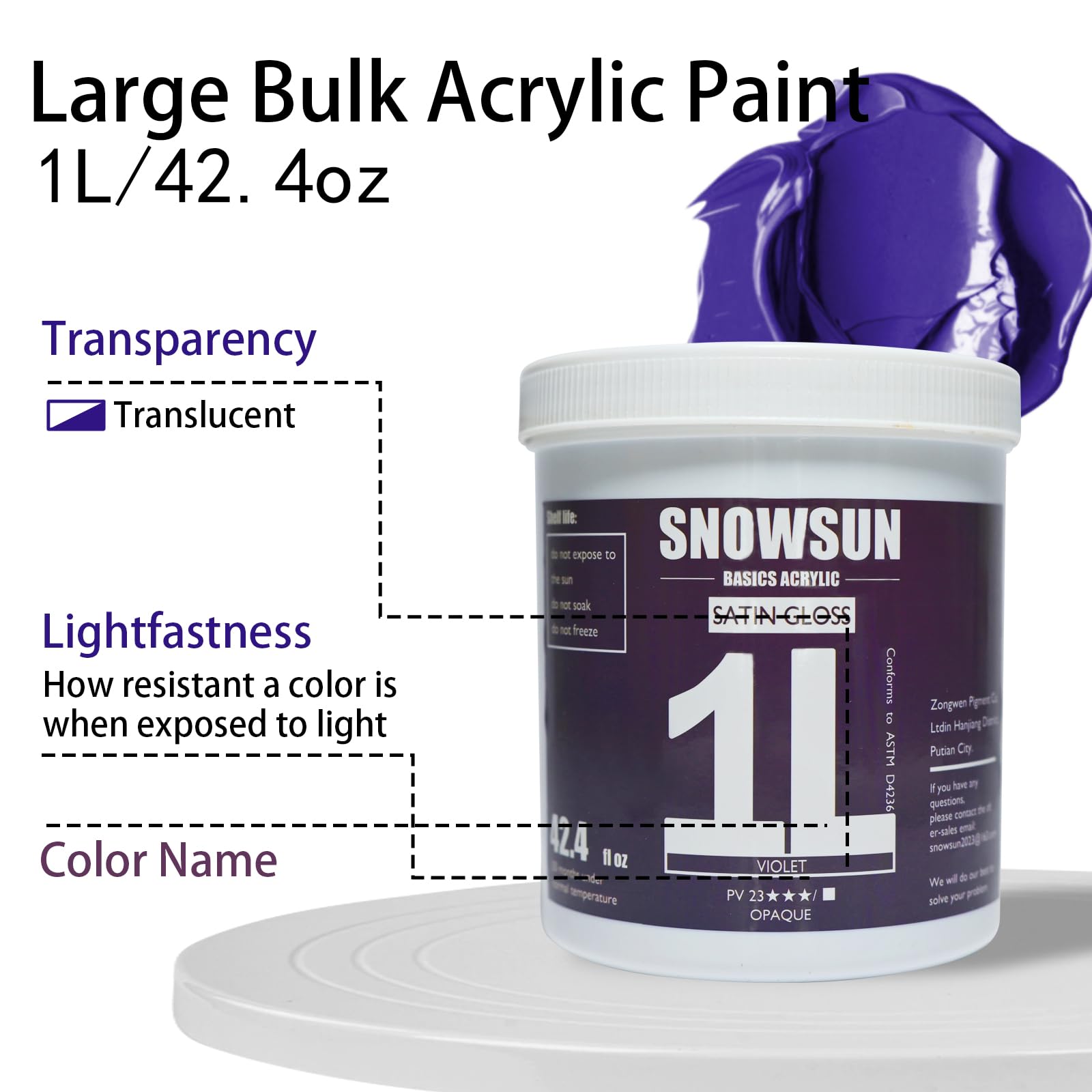SNOWSUN Grande peinture acrylique en vrac (1 000 ml), peinture acrylique lourde brillante non toxique – Peinture artistique violette épaisse pour toile, bois, céramique, tissu et nail art, cuir