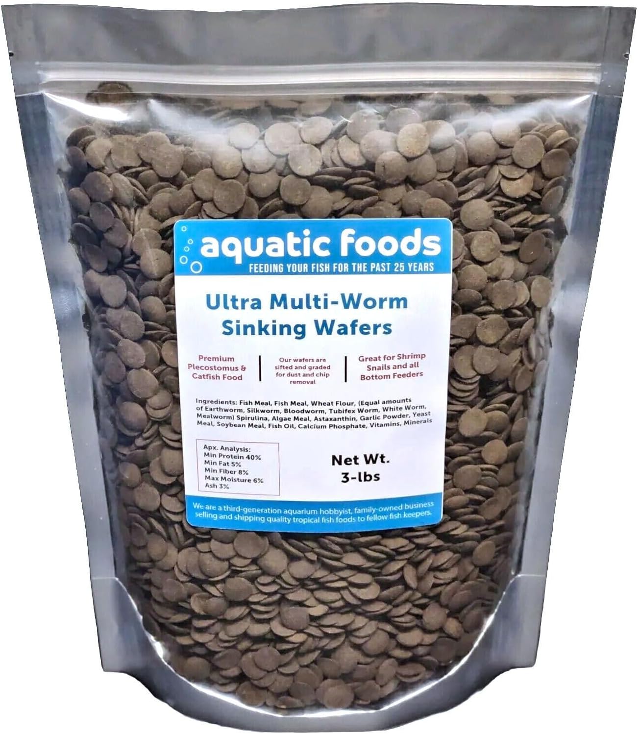 Aquatic Foods Inc. 12mm - 1/2" Ultra Multi-Worm Sinking Wafers of 6-Types of Worms. Ideal for Bottom Fish, Plecos, Shrimp, Snails, Crayfish, All Herbivorous and Omnivorous Tropical Fish...3-lb Bag