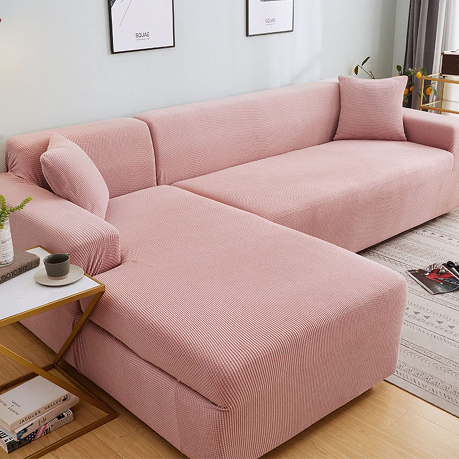DFVEKYOW Stretch Sectional Sofa Cover L Shape Sofa Slipcovers Fabric Furniture Protector with Elastic Bottom Couch Covers for Living Room -pink-1 Seater(90-140cm)