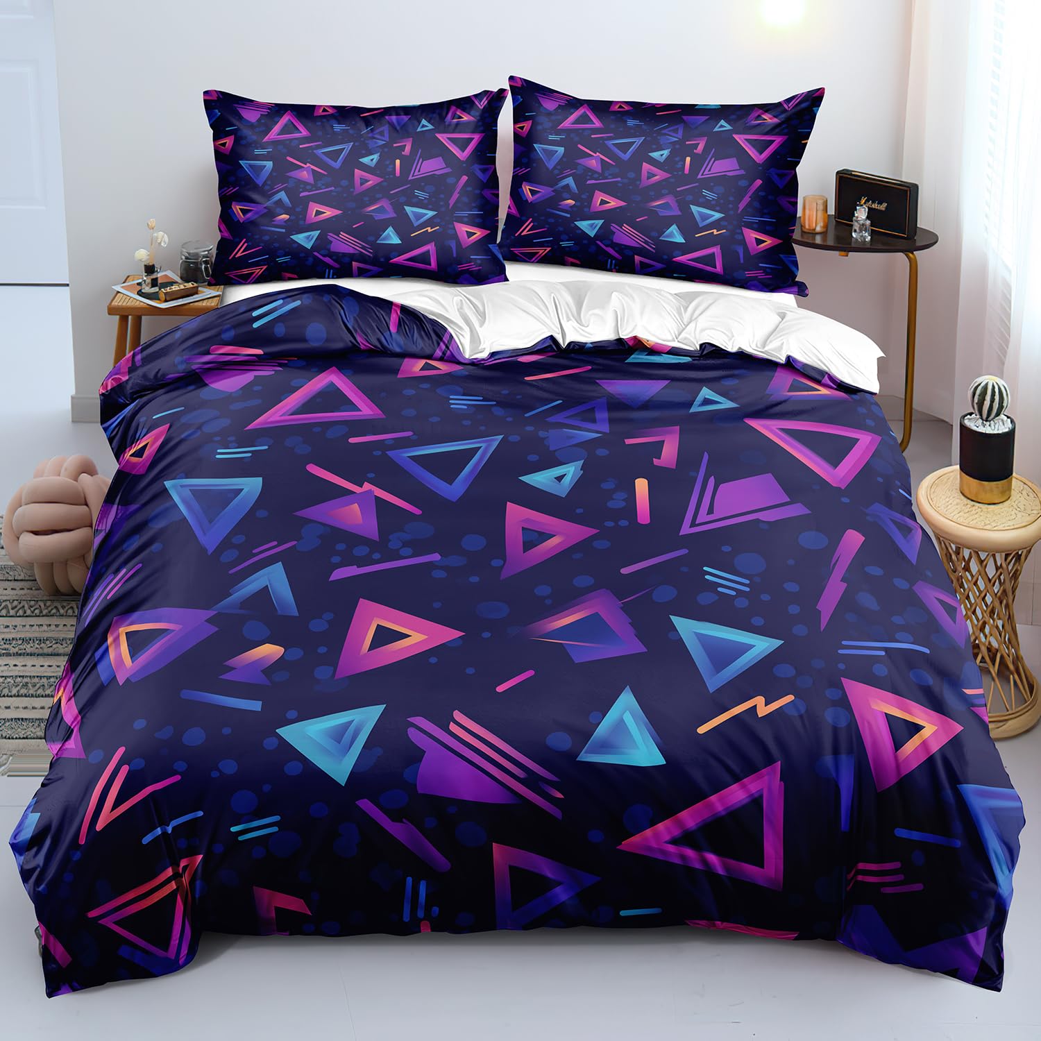 Housse de couette 260x240 cm parure de lit moderne géométrique à triangles bleu violet rose